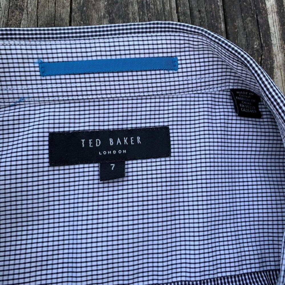 Ted Baker London 7 Micro Plaid Navy and White Designer Button Up - Picture 6 of 8